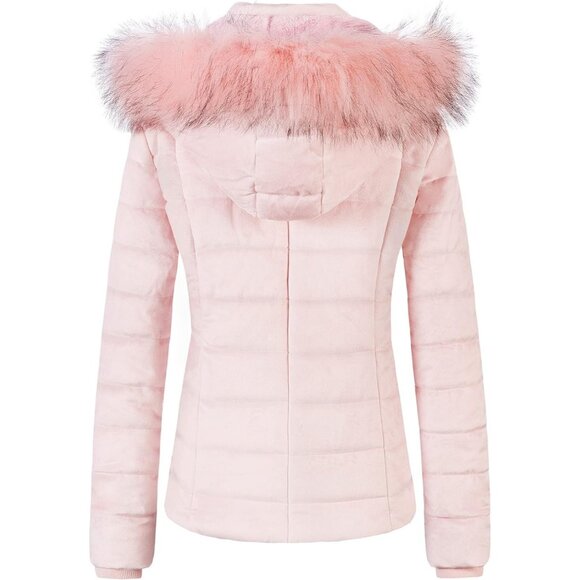 Women's Pink Velvet Puffer Jackets Coat Faux Fur Lining Winter Removable Hood - Picture 2 of 7